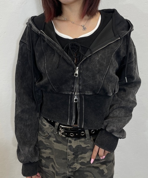ROGER AND RAW（ロジャーアンドロウ）の「[セットアイテム] レースアップショートTシャツ＆ダブルジップパーカーセット（パーカー・レディース・グレー/ホワイト/ブラック・FREE）」の6枚目の写真