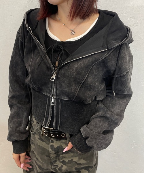 ROGER AND RAW（ロジャーアンドロウ）の「[セットアイテム] レースアップショートTシャツ＆ダブルジップパーカーセット（パーカー・レディース・グレー/ホワイト/ブラック・FREE）」の7枚目の写真