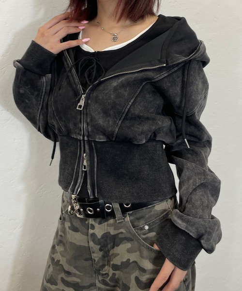 ROGER AND RAW（ロジャーアンドロウ）の「[セットアイテム] レースアップショートTシャツ＆ダブルジップパーカーセット（パーカー・レディース・グレー/ホワイト/ブラック・FREE）」の8枚目の写真