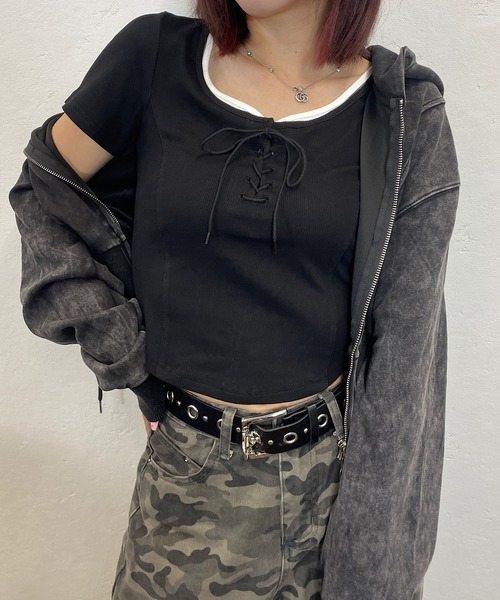 ROGER AND RAW（ロジャーアンドロウ）の「[セットアイテム] レースアップショートTシャツ＆ダブルジップパーカーセット（パーカー・レディース・グレー/ホワイト/ブラック・FREE）」の12枚目の写真