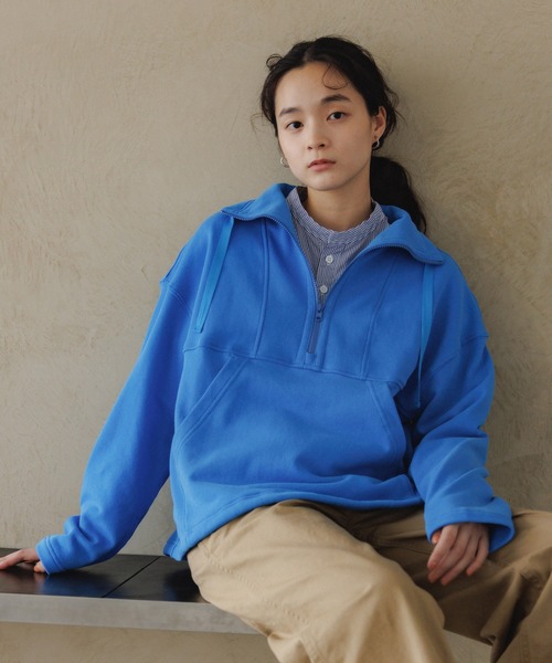 D.M.G.（ドミンゴ）の「[D.M.G / ディーエムジー] ベーシックコットン裏毛 ハーフジッププルオーバー（スウェット・レディース・ベージュ/レッド/ブルー/ブラック・FREE）」の4枚目の写真