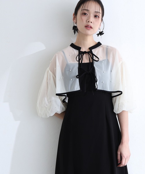 PourVous(プールヴー)の「結婚式 二次会 パーティー ドレス ミモレ丈 と 袖あり ボリュームスリーブ パール 付き チュール ボレロ キャミワンピースセレモニー フォーマル オケージョン 同窓会 成人式 (ドレス・レディース・ネイビー/ブラック系その他/アイボリー・L/M)」の3枚目の写真