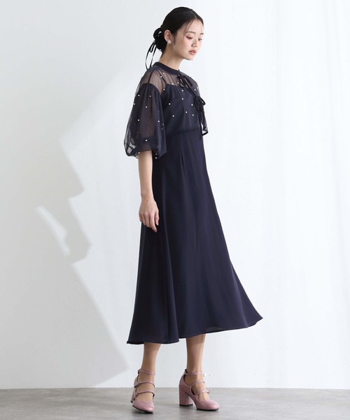 PourVous(プールヴー)の「結婚式 二次会 パーティー ドレス ミモレ丈 と 袖あり ボリュームスリーブ パール 付き チュール ボレロ キャミワンピースセレモニー フォーマル オケージョン 同窓会 成人式 (ドレス・レディース・ネイビー/ブラック系その他/アイボリー・L/M)」の4枚目の写真