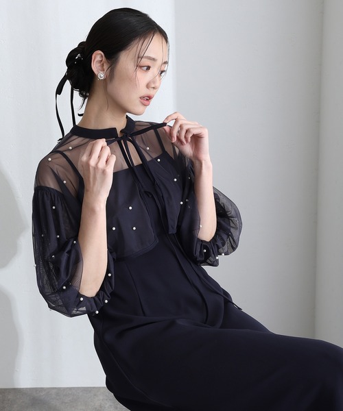 PourVous(プールヴー)の「結婚式 二次会 パーティー ドレス ミモレ丈 と 袖あり ボリュームスリーブ パール 付き チュール ボレロ キャミワンピースセレモニー フォーマル オケージョン 同窓会 成人式 (ドレス・レディース・ネイビー/ブラック系その他/アイボリー・L/M)」の5枚目の写真