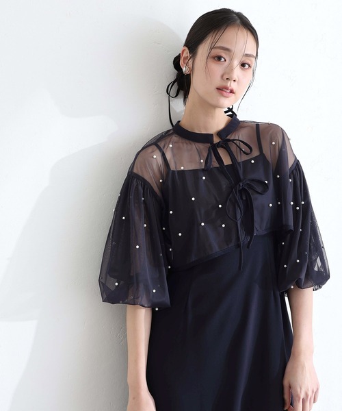 PourVous(プールヴー)の「結婚式 二次会 パーティー ドレス ミモレ丈 と 袖あり ボリュームスリーブ パール 付き チュール ボレロ キャミワンピースセレモニー フォーマル オケージョン 同窓会 成人式 (ドレス・レディース・ネイビー/ブラック系その他/アイボリー・L/M)」の6枚目の写真