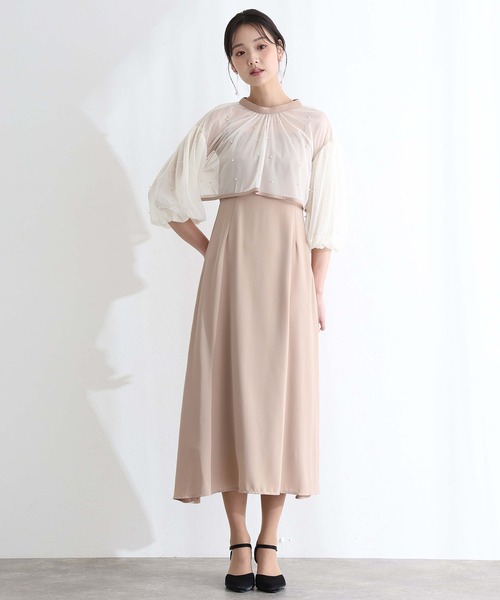 PourVous(プールヴー)の「結婚式 二次会 パーティー ドレス ミモレ丈 と 袖あり ボリュームスリーブ パール 付き チュール ボレロ キャミワンピースセレモニー フォーマル オケージョン 同窓会 成人式 (ドレス・レディース・ネイビー/ブラック系その他/アイボリー・L/M)」の8枚目の写真