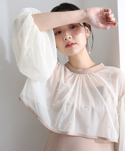 PourVous(プールヴー)の「結婚式 二次会 パーティー ドレス ミモレ丈 と 袖あり ボリュームスリーブ パール 付き チュール ボレロ キャミワンピースセレモニー フォーマル オケージョン 同窓会 成人式 (ドレス・レディース・ネイビー/ブラック系その他/アイボリー・L/M)」の11枚目の写真