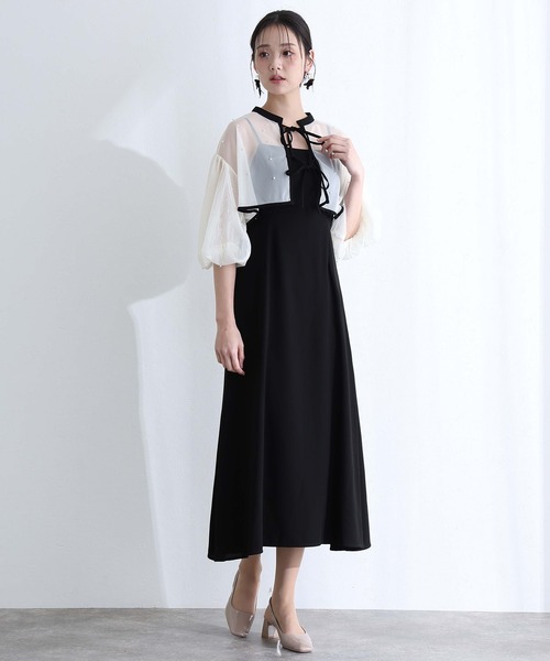 PourVous(プールヴー)の「結婚式 二次会 パーティー ドレス ミモレ丈 と 袖あり ボリュームスリーブ パール 付き チュール ボレロ キャミワンピースセレモニー フォーマル オケージョン 同窓会 成人式 (ドレス・レディース・ネイビー/ブラック系その他/アイボリー・L/M)」の12枚目の写真
