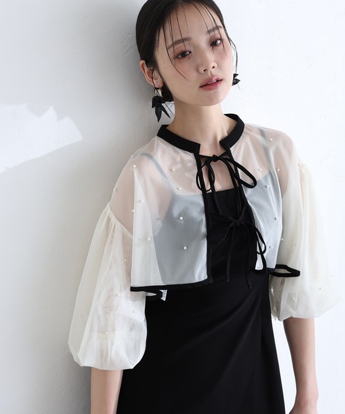 PourVous(プールヴー)の「結婚式 二次会 パーティー ドレス ミモレ丈 と 袖あり ボリュームスリーブ パール 付き チュール ボレロ キャミワンピースセレモニー フォーマル オケージョン 同窓会 成人式 (ドレス・レディース・ネイビー/ブラック系その他/アイボリー・L/M)」の13枚目の写真