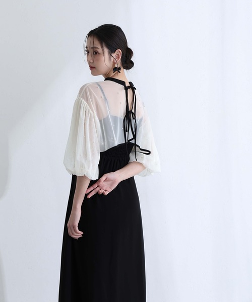 PourVous(プールヴー)の「結婚式 二次会 パーティー ドレス ミモレ丈 と 袖あり ボリュームスリーブ パール 付き チュール ボレロ キャミワンピースセレモニー フォーマル オケージョン 同窓会 成人式 (ドレス・レディース・ネイビー/ブラック系その他/アイボリー・L/M)」の14枚目の写真