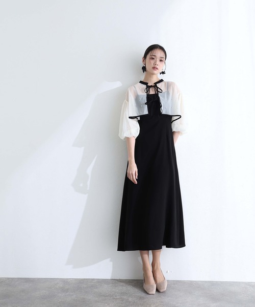 PourVous(プールヴー)の「結婚式 二次会 パーティー ドレス ミモレ丈 と 袖あり ボリュームスリーブ パール 付き チュール ボレロ キャミワンピースセレモニー フォーマル オケージョン 同窓会 成人式 (ドレス・レディース・ネイビー/ブラック系その他/アイボリー・L/M)」の15枚目の写真