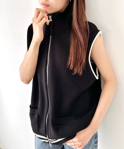 ニット セーター Matin Kim(マーティンキム)/バックロゴ ハイネック ダブルジップ ニット カーディガン ブルゾン/Knit Zip-up at12：03 ニット セーター Matin Kim(マーティンキム)/バック