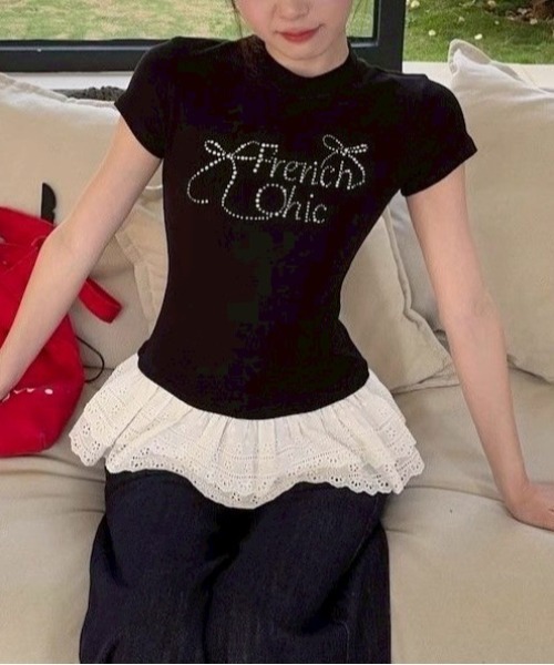 almo(アルモ)の「【LAMPOON】フリルウエストビジューTシャツ(Tシャツ/カットソー・レディース・ブラック・SMALL/MEDIUM/LARGE)」の4枚目の写真