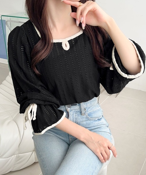 mily bilet（ミウィビレット）の「【mily bilet】華やかさと上品さを兼ね備えたデザインが個性的。ストライプレースキャンディースリーブリボン付きプルオーバー（長袖）（Tシャツ/カットソー・レディース・アイボリー/ブラック/ブラウン・X-LARGE/SMALL/MEDIUM/LARGE）」の13枚目の写真