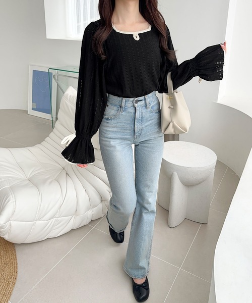 mily bilet（ミウィビレット）の「【mily bilet】華やかさと上品さを兼ね備えたデザインが個性的。ストライプレースキャンディースリーブリボン付きプルオーバー（長袖）（Tシャツ/カットソー・レディース・アイボリー/ブラック/ブラウン・X-LARGE/SMALL/MEDIUM/LARGE）」の14枚目の写真