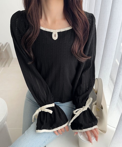 mily bilet（ミウィビレット）の「【mily bilet】華やかさと上品さを兼ね備えたデザインが個性的。ストライプレースキャンディースリーブリボン付きプルオーバー（長袖）（Tシャツ/カットソー・レディース・アイボリー/ブラック/ブラウン・X-LARGE/SMALL/MEDIUM/LARGE）」の16枚目の写真