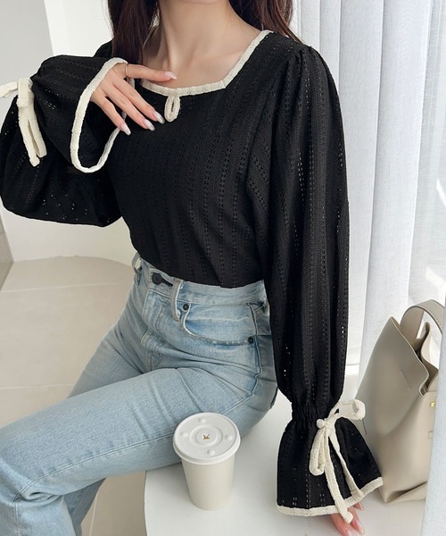 mily bilet（ミウィビレット）の「【mily bilet】華やかさと上品さを兼ね備えたデザインが個性的。ストライプレースキャンディースリーブリボン付きプルオーバー（長袖）（Tシャツ/カットソー・レディース・アイボリー/ブラック/ブラウン・X-LARGE/SMALL/MEDIUM/LARGE）」の15枚目の写真