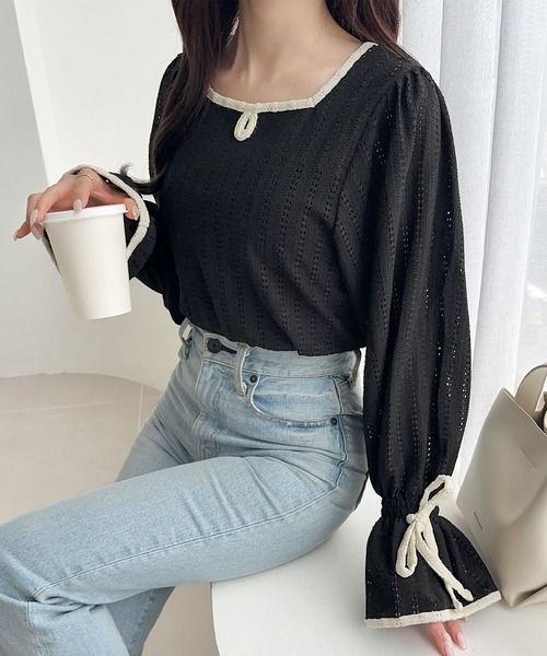 mily bilet（ミウィビレット）の「【mily bilet】華やかさと上品さを兼ね備えたデザインが個性的。ストライプレースキャンディースリーブリボン付きプルオーバー（長袖）（Tシャツ/カットソー・レディース・アイボリー/ブラック/ブラウン・X-LARGE/SMALL/MEDIUM/LARGE）」の17枚目の写真