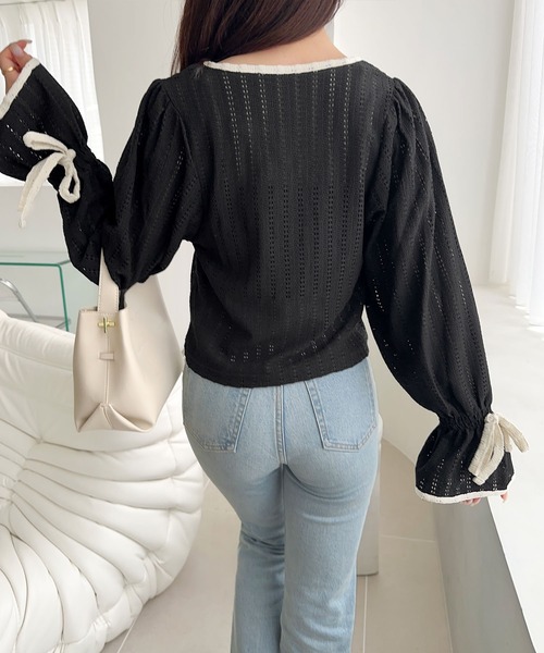 mily bilet（ミウィビレット）の「【mily bilet】華やかさと上品さを兼ね備えたデザインが個性的。ストライプレースキャンディースリーブリボン付きプルオーバー（長袖）（Tシャツ/カットソー・レディース・アイボリー/ブラック/ブラウン・X-LARGE/SMALL/MEDIUM/LARGE）」の18枚目の写真