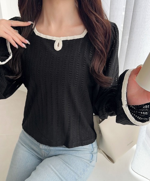 mily bilet（ミウィビレット）の「【mily bilet】華やかさと上品さを兼ね備えたデザインが個性的。ストライプレースキャンディースリーブリボン付きプルオーバー（長袖）（Tシャツ/カットソー・レディース・アイボリー/ブラック/ブラウン・X-LARGE/SMALL/MEDIUM/LARGE）」の19枚目の写真