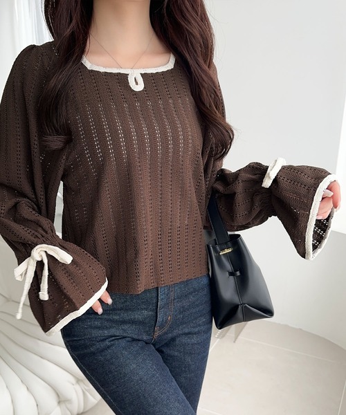 mily bilet（ミウィビレット）の「【mily bilet】華やかさと上品さを兼ね備えたデザインが個性的。ストライプレースキャンディースリーブリボン付きプルオーバー（長袖）（Tシャツ/カットソー・レディース・アイボリー/ブラック/ブラウン・X-LARGE/SMALL/MEDIUM/LARGE）」の20枚目の写真