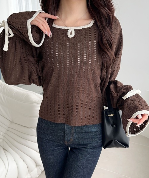 mily bilet（ミウィビレット）の「【mily bilet】華やかさと上品さを兼ね備えたデザインが個性的。ストライプレースキャンディースリーブリボン付きプルオーバー（長袖）（Tシャツ/カットソー・レディース・アイボリー/ブラック/ブラウン・X-LARGE/SMALL/MEDIUM/LARGE）」の22枚目の写真
