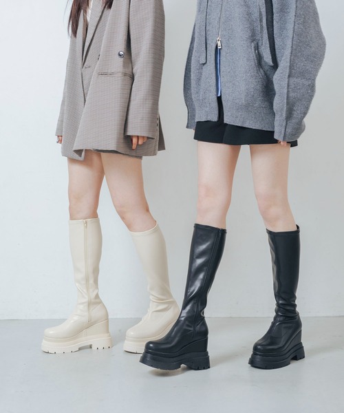 EVOL（イーボル）の「【XSサイズ・厚底】11cmストレッチロングブーツ IZ5835（ブーツ・レディース・アイボリー/ブラック・S/M/L/XS）」の5枚目の写真