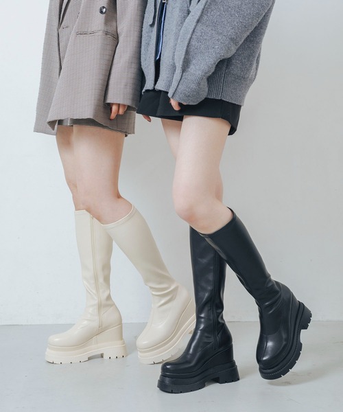 EVOL（イーボル）の「【XSサイズ・厚底】11cmストレッチロングブーツ IZ5835（ブーツ・レディース・アイボリー/ブラック・S/M/L/XS）」の6枚目の写真