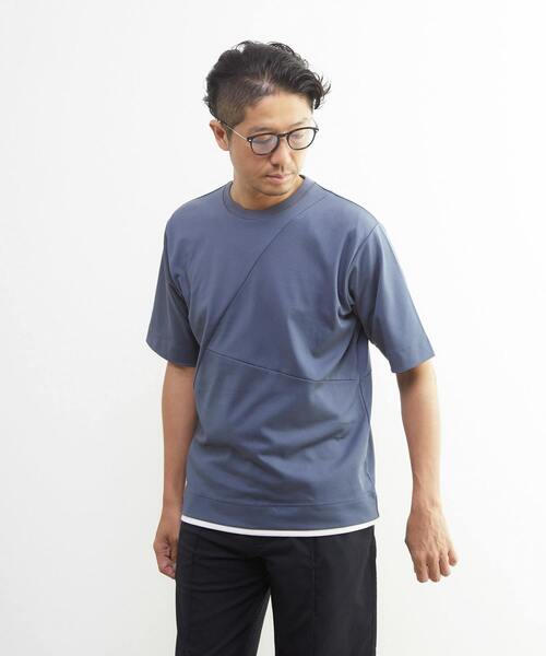 MEN'S MELROSE(メンズメルローズ)の「シルケットポンチ 同色ブロックパターンTシャツ | 接触冷感(Tシャツ/カットソー・メンズ・ブルーグレー/ブラック/ホワイト・2/3/4)」の3枚目の写真