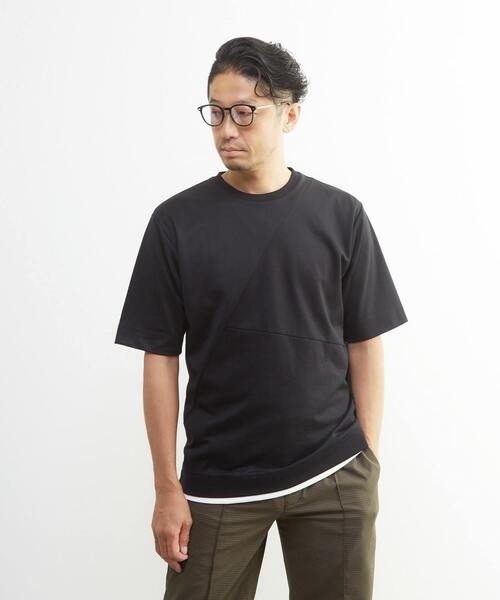 MEN'S MELROSE(メンズメルローズ)の「シルケットポンチ 同色ブロックパターンTシャツ | 接触冷感(Tシャツ/カットソー・メンズ・ブルーグレー/ブラック/ホワイト・2/3/4)」の1枚目の写真