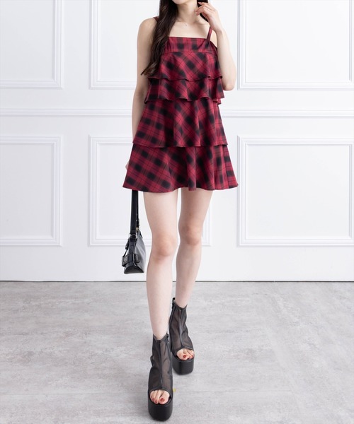 clear（クリア）の「チェック柄ティアードフリルミニワンピース［カジュアル ガーリー］≪SS新作≫（ワンピース・レディース・ボルドー/ブラック・F）」の3枚目の写真