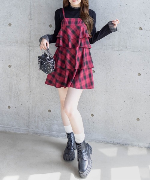clear（クリア）の「チェック柄ティアードフリルミニワンピース［カジュアル ガーリー］≪SS新作≫（ワンピース・レディース・ボルドー/ブラック・F）」の17枚目の写真