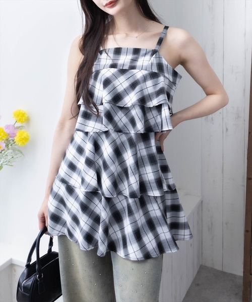 clear（クリア）の「チェック柄ティアードフリルミニワンピース［カジュアル ガーリー］≪SS新作≫（ワンピース・レディース・ボルドー/ブラック・F）」の20枚目の写真