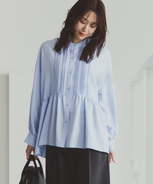 ROPE' PICNIC（ロペピクニック）の「【UVケア・防シワ】羽織れるピンタックデザインペプラムシャツ（シャツ/ブラウス・レディース・ダークブラウン/サックスブルー/クリーム/オフホワイト/ブラック・M/S）」の5枚目の写真