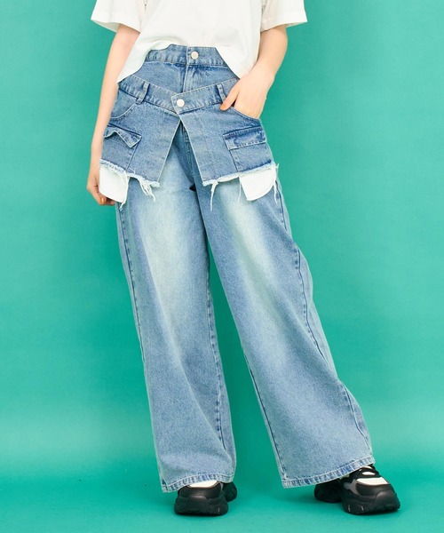 ANAP GｉRL（アナップガール）の「レイヤード デザイン デニム ワイド パンツ（デニムパンツ・キッズ・ライトブルー/ブルー・S/M/XS）」の12枚目の写真