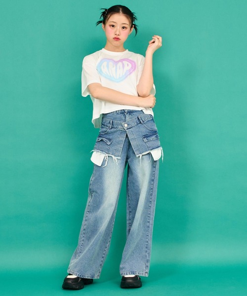 ANAP GｉRL（アナップガール）の「レイヤード デザイン デニム ワイド パンツ（デニムパンツ・キッズ・ライトブルー/ブルー・S/M/XS）」の13枚目の写真