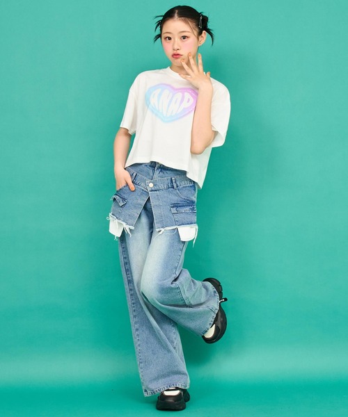 ANAP GｉRL（アナップガール）の「レイヤード デザイン デニム ワイド パンツ（デニムパンツ・キッズ・ライトブルー/ブルー・S/M/XS）」の14枚目の写真