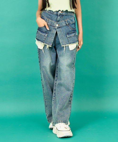 ANAP GｉRL（アナップガール）の「レイヤード デザイン デニム ワイド パンツ（デニムパンツ・キッズ・ライトブルー/ブルー・S/M/XS）」の17枚目の写真