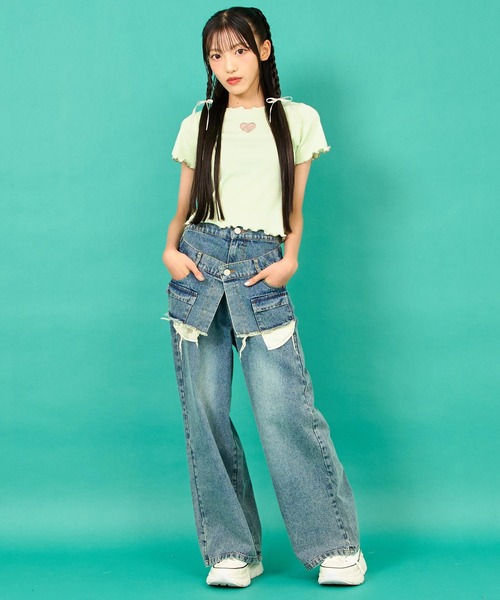 ANAP GｉRL（アナップガール）の「レイヤード デザイン デニム ワイド パンツ（デニムパンツ・キッズ・ライトブルー/ブルー・S/M/XS）」の21枚目の写真