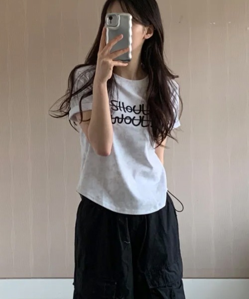 NANAHACHI(ナナハチ)の「ビンテージライク 英字刺繍入り 半袖Tシャツ(Tシャツ/カットソー・レディース・ホワイト/チャコールグレー/ブラック・FREE)」の13枚目の写真