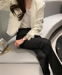 ツイード　ホワイト ノーカラージャケット フリンジ仕上げ　新品タグ付き フリンジツイードジャケット / GRACE CONTINENTAL | GRACE