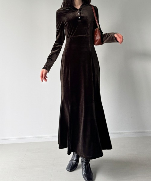 junoah(ジュノア)の「カットベロアポロマーメイドワンピース【ペチスカートセット】(ワンピース・レディース・ブラック/ブラウン/グレー・LARGE/MEDIUM/SMALL)」の4枚目の写真
