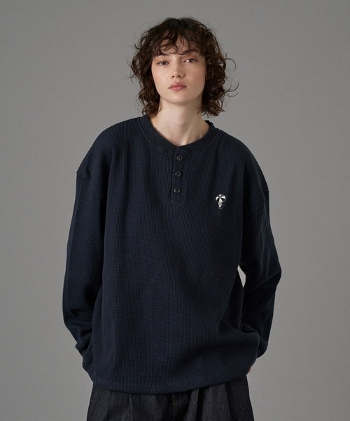 SEA HENRY NECK L/S TEE STONE ヘンリーネック LOGO HENRY NECK THERMAL LONG SLEEVE T-SHIRT /ロゴヘンリー