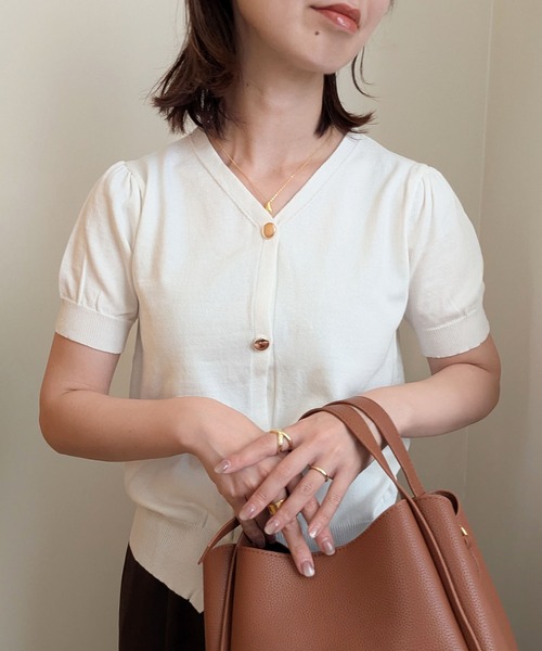 styiro(スタイロ)の「半袖サマーニットカーディガン レディース Vネック パフスリーブ きれいめ オフィスカジュアル(カーディガン/ボレロ・レディース・ホワイト/グリーン/ブラック・FREE)」の9枚目の写真