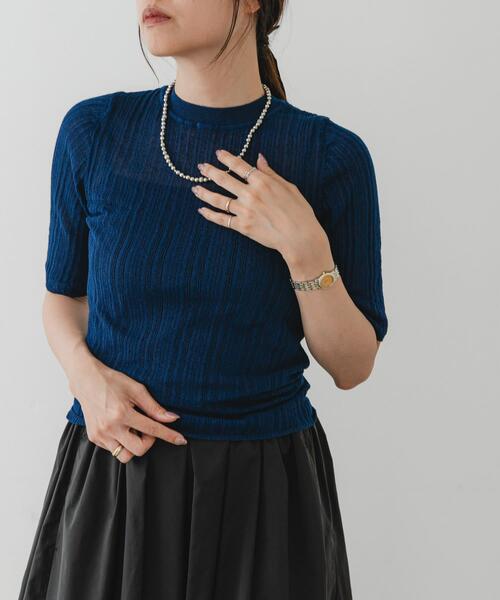 F by ROSSO(エフバイロッソ)の「F by ROSSO シアーリブ5分袖ニット(ニット/セーター・レディース・ブラック/ブルー/ブラウン・FREE)」の1枚目の写真