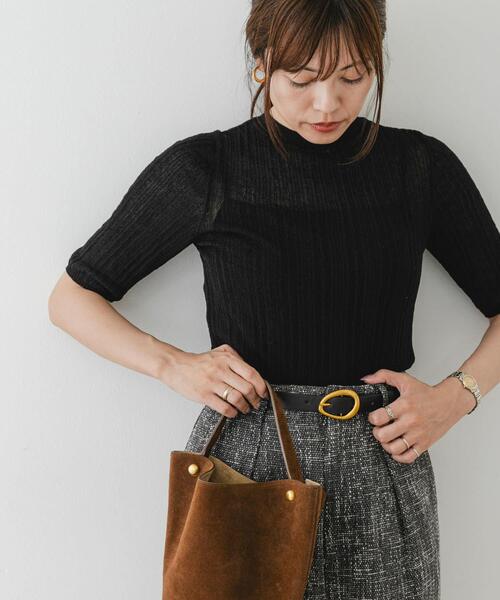 F by ROSSO(エフバイロッソ)の「F by ROSSO シアーリブ5分袖ニット(ニット/セーター・レディース・ブラック/ブルー/ブラウン・FREE)」の2枚目の写真