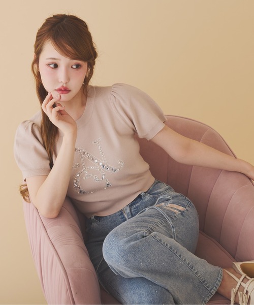 美品♡ ルネ 半袖 ニット パール カーディガン ジップアップ ビジュー M セール】襟付きワッフル半袖ニットカーディガン（カーディガン/ボレロ