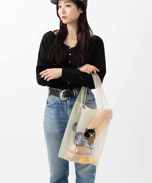 オーガンジー 犬・猫 刺繍エコトートバッグ（エコバッグ/サブバッグ