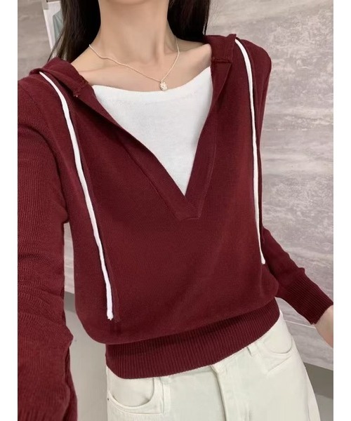 I.O.E(アイオイ)の「一体型レイヤードフードニット(Tシャツ/カットソー・レディース・グレー/ワイン/ブラック/ネイビー/ベージュ・FREE)」の5枚目の写真
