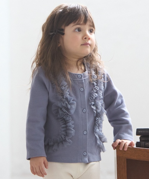 petit main(プティマイン)の「【リンク】チュールフリルカットカーディガン(カーディガン/ボレロ・キッズ・ブルーグレー/トップグレー/アイボリー・80cm/90cm/110cm/100cm/130cm/120cm)」の2枚目の写真